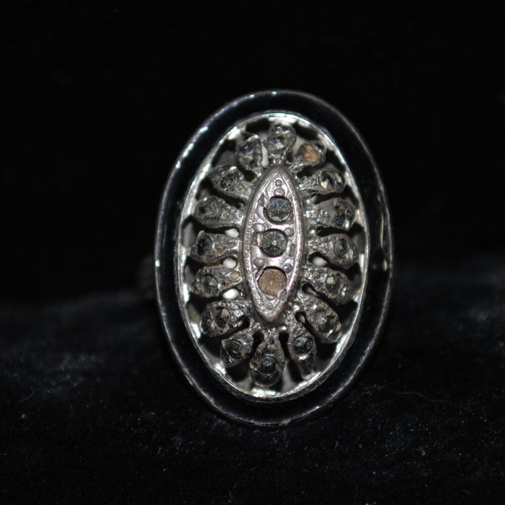 Vintage Art Deco Marcasite & Black Enamel Cocktail Ring Sterling US Size 6